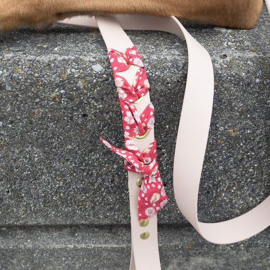 Laisse tressée Biothane®️ & tissu Liberty® pour chien poudre soleil