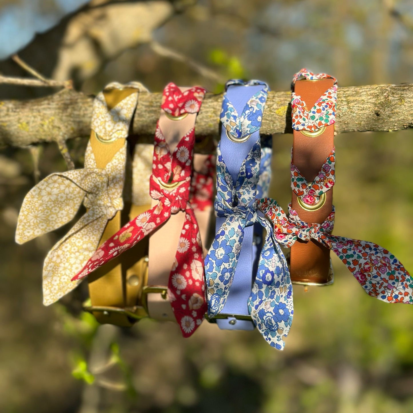 Collier tressé Biothane®️ & tissu Liberty® pour chien poudre soleil