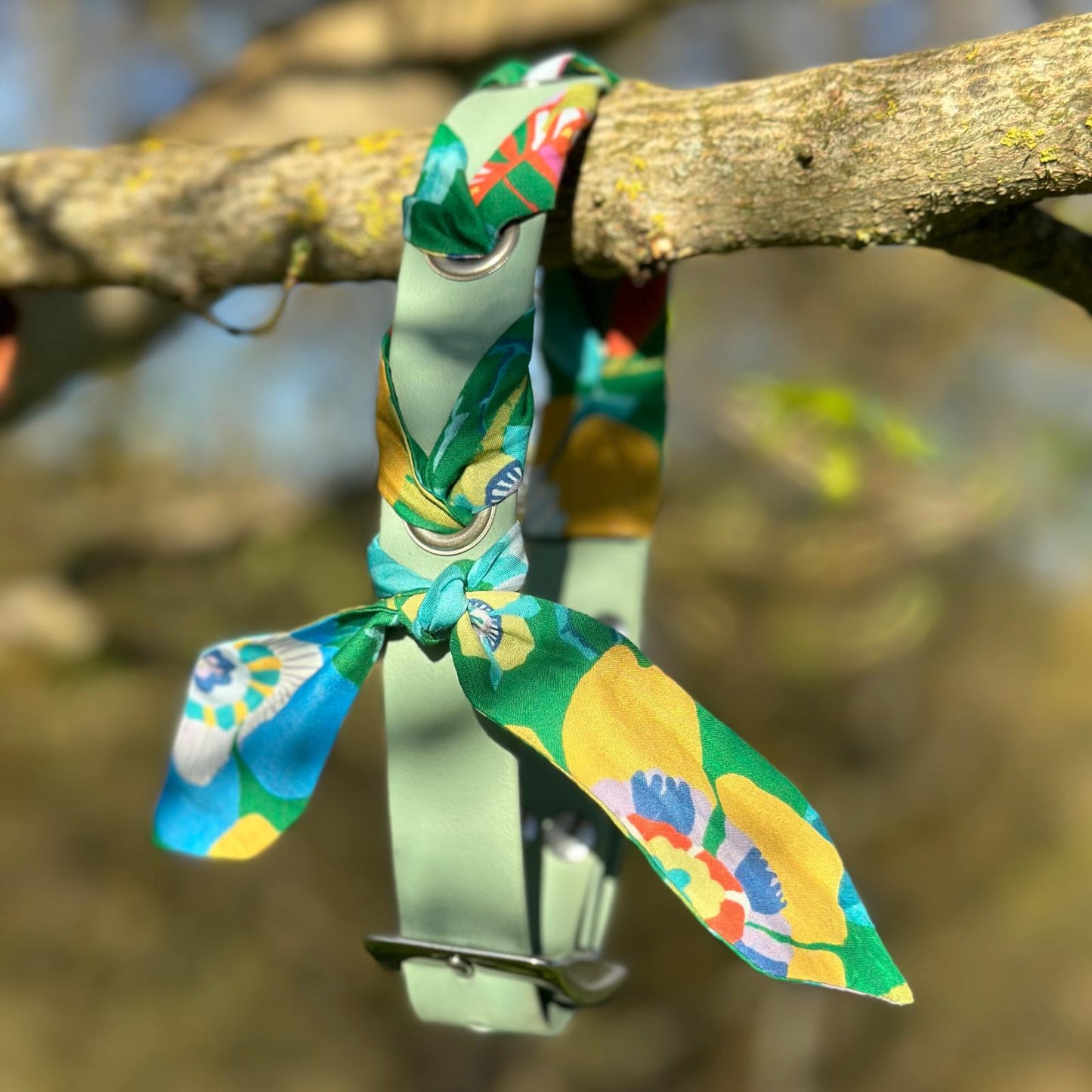 Collier tressé Biothane®️ & tissu Liberty® pour chien vert sauge