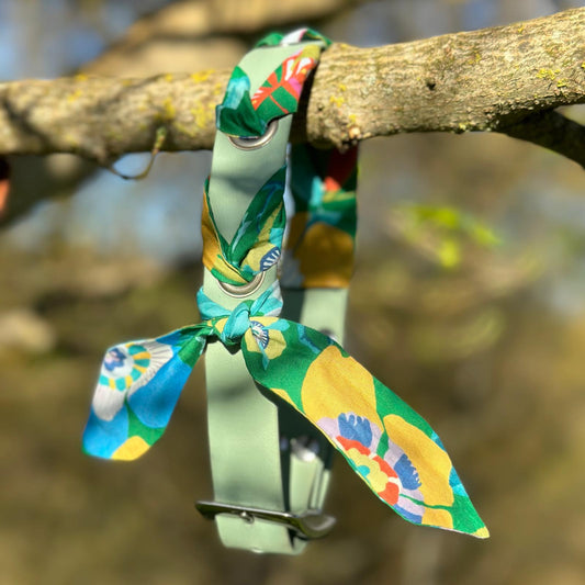 Collier tressé Biothane®️ & tissu Liberty® pour chien vert sauge 30/40cm