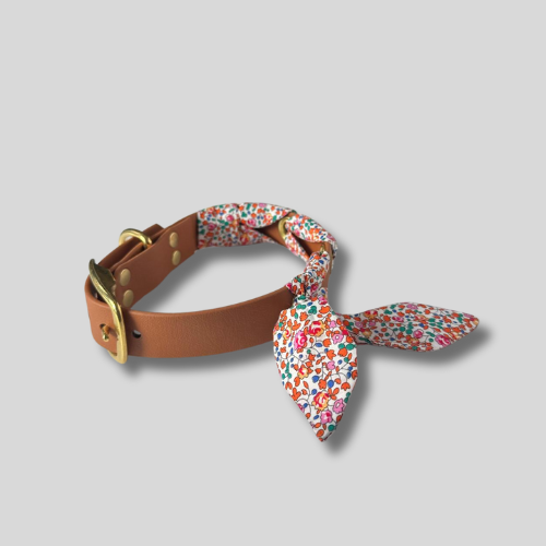 Collier tressé Biothane®️ & tissu Liberty® pour chien marron clair