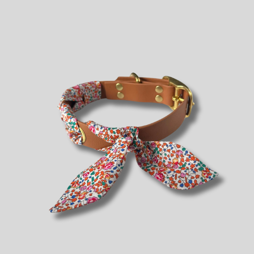 Collier tressé Biothane®️ & tissu Liberty® pour chien marron clair