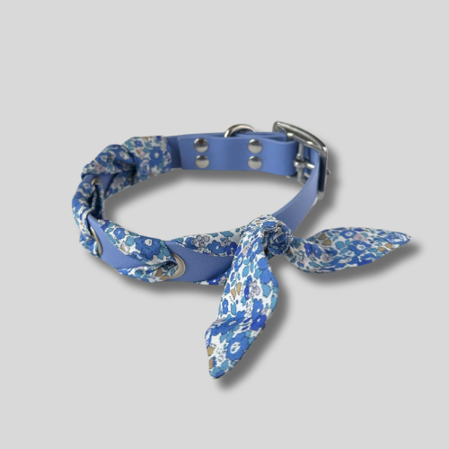 Collier tressé Biothane®️ & tissu Liberty® pour chien poudre soleil