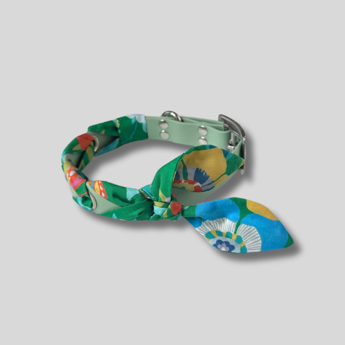 Collier tressé Biothane®️ & tissu Liberty® pour chien vert sauge