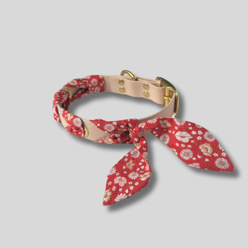 Collier tressé Biothane®️ & tissu Liberty® pour chien poudre soleil