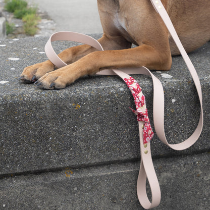 Laisse tressée Biothane®️ & tissu Liberty® pour chien poudre soleil