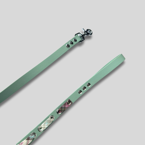Laisse Biothane®️ vert sauge avec rappel tissu écossais